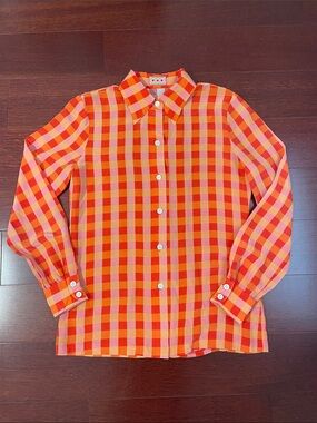 LHD Star Island Gingham Silk De Chine Shirt Orange Pink Yellow Plaid Blouse